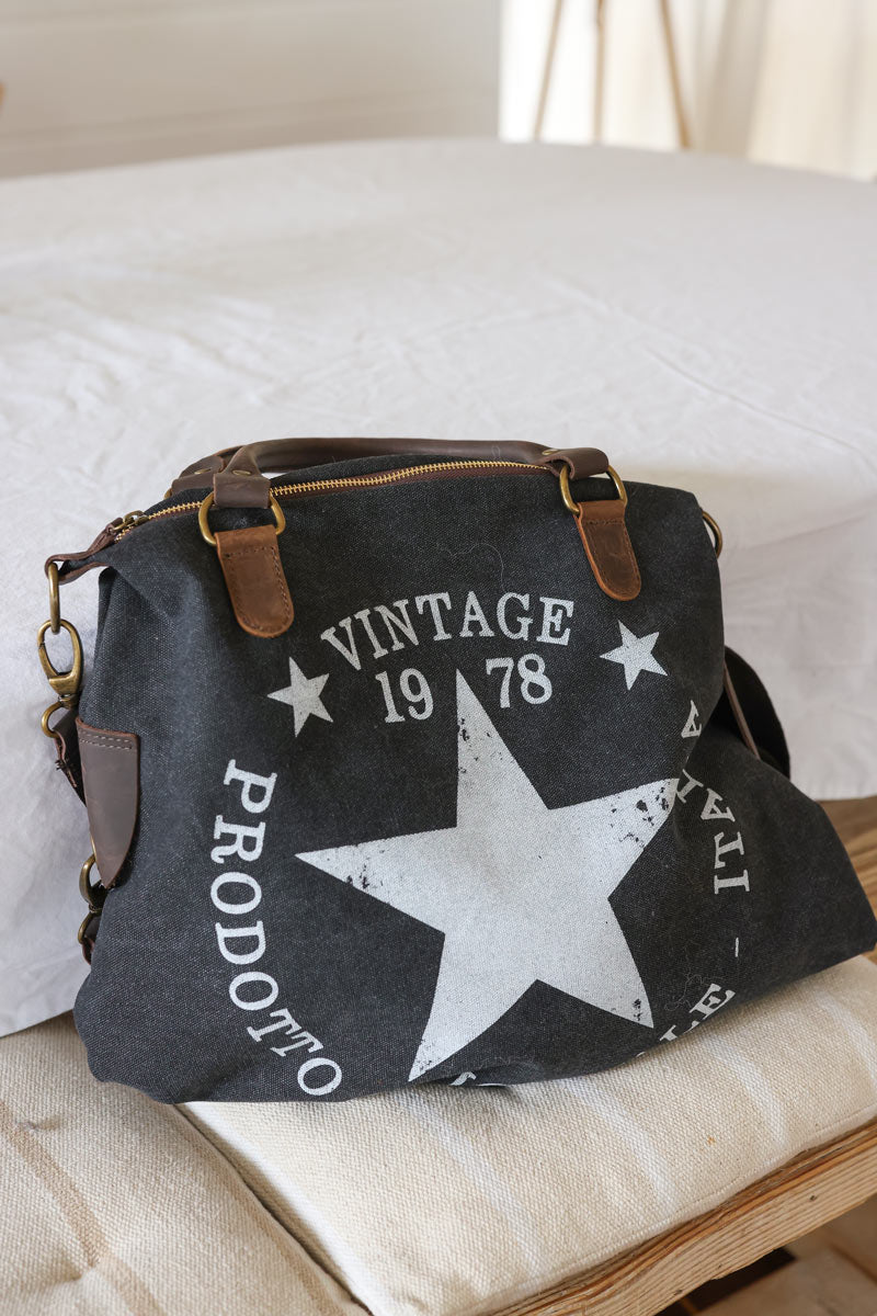 Sac main gris anthracite en coton et anses en cuir logo toile