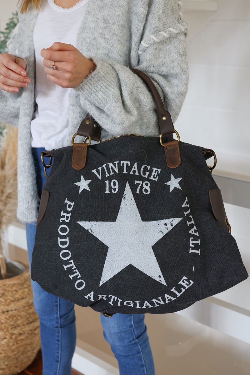 Bolso de mano de algodón gris antracita con asas de cuero con logo de estrella vintage