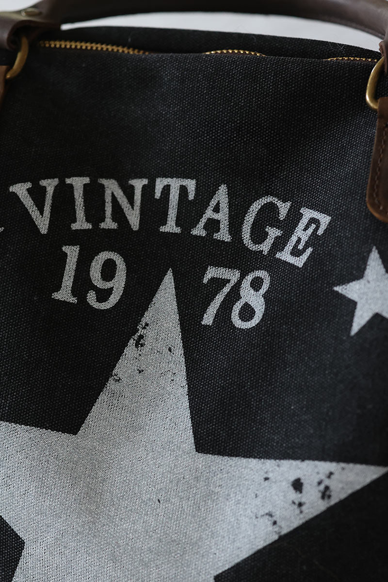 Grey cotton canvas bag vintage design leather handles and clip details