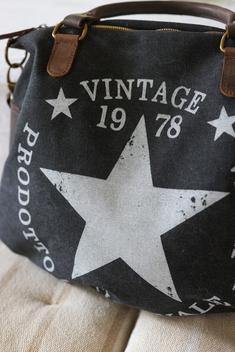 Sac à main gris anthracite en coton et anses en cuir logo étoile vintage