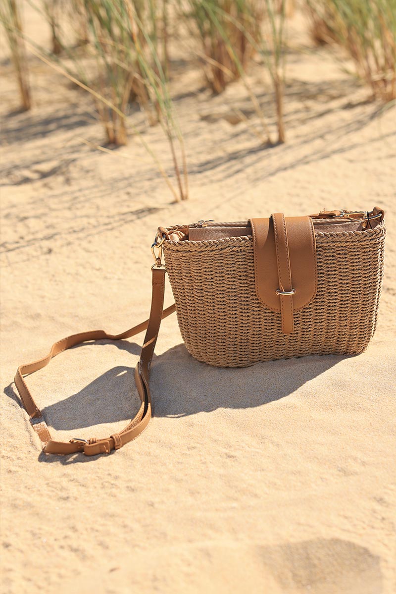 Camel woven basket bag with faux leather strap and flap