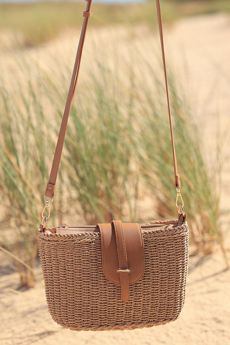 Camel woven basket bag with faux leather strap and flap