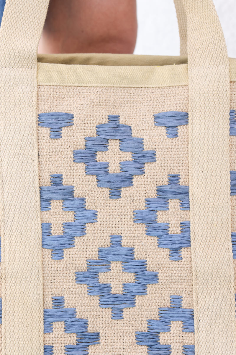 Sac panier en coton motifs brodes en raphia bleu h049 (1)