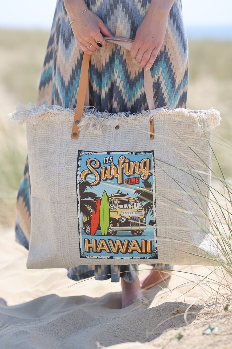 Sac panier en coton naturel logo Surfing Hawaii h048 (1)