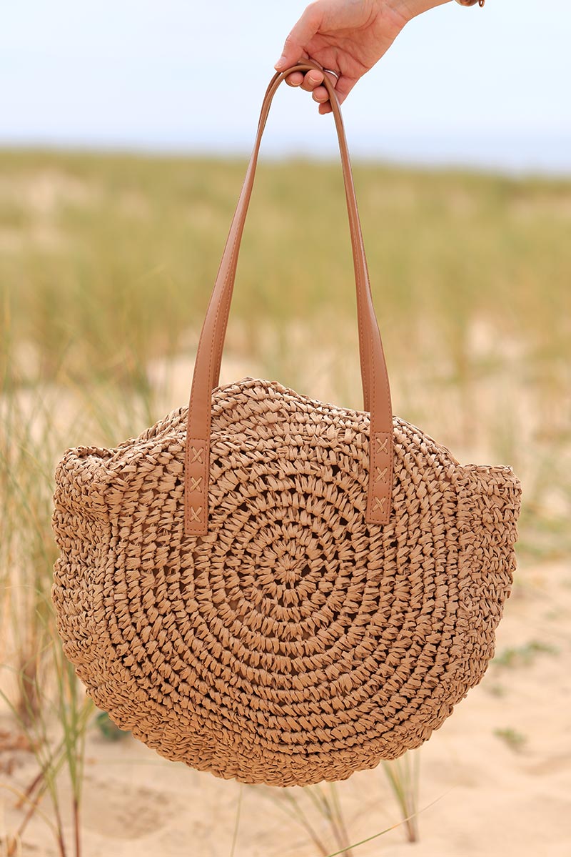Camel round raffia basket bag with faux leather handles