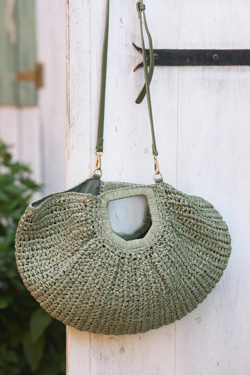 Sac panier souple kaki demi lune style raphia anses rigides et bandouli re