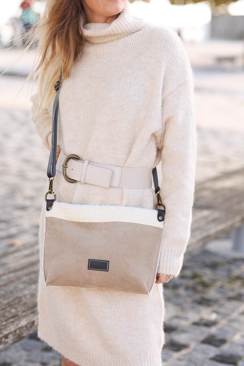 Large beige leather and borg crossbody bag