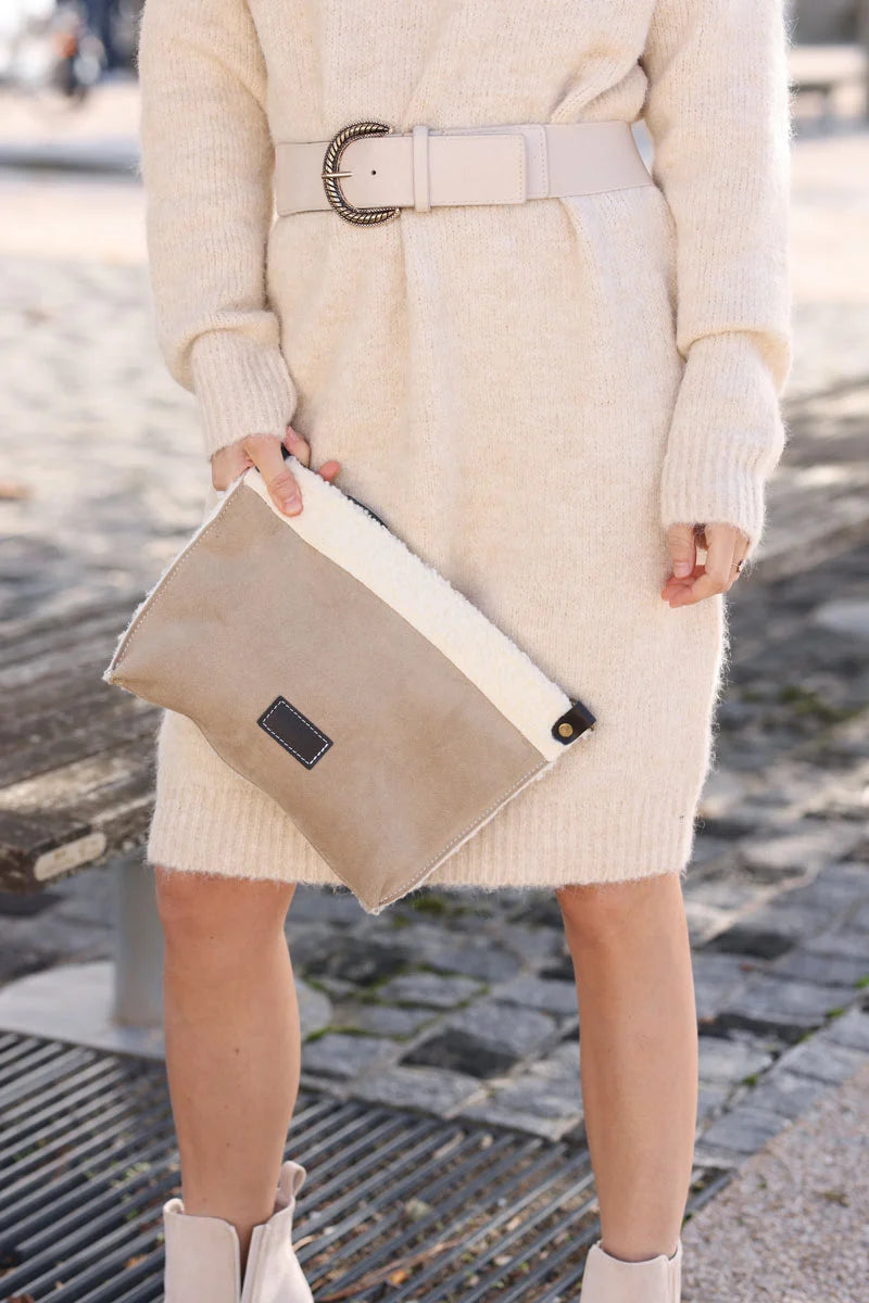 Large beige leather and borg crossbody bag
