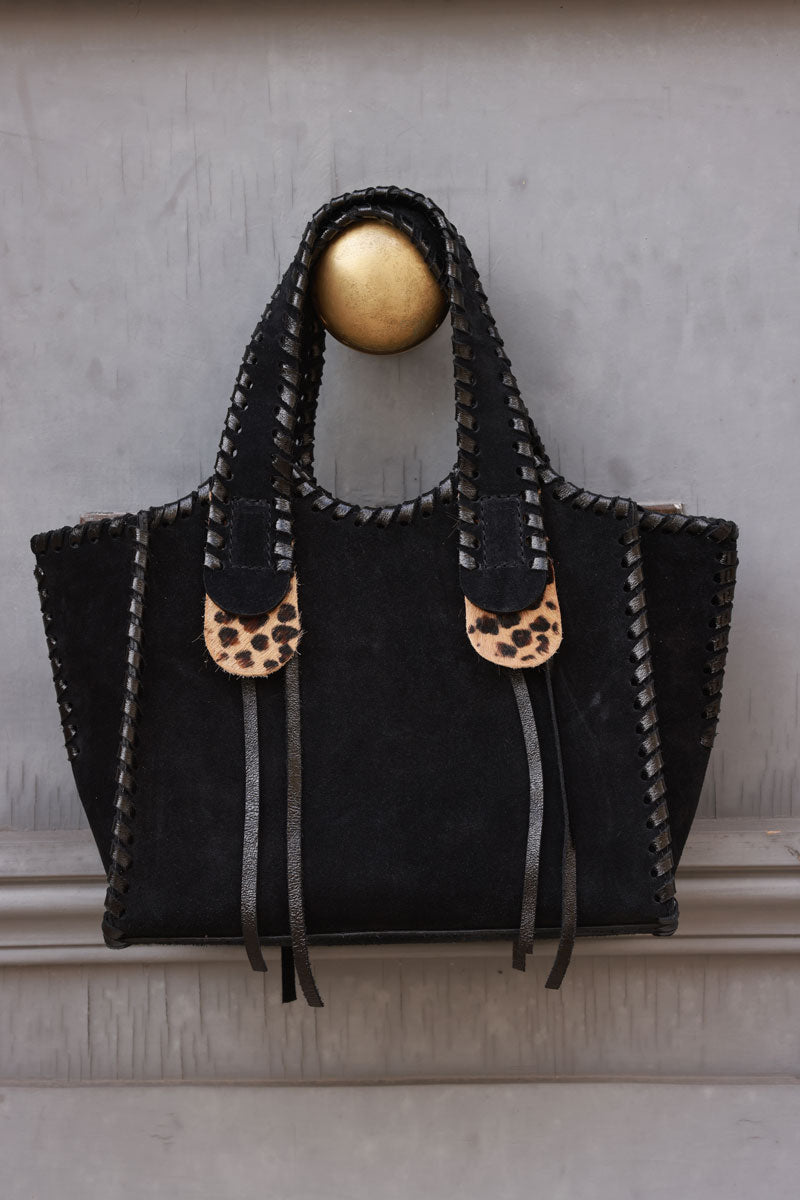 Black Nubuck Leather Whip Stitch Tote Bag