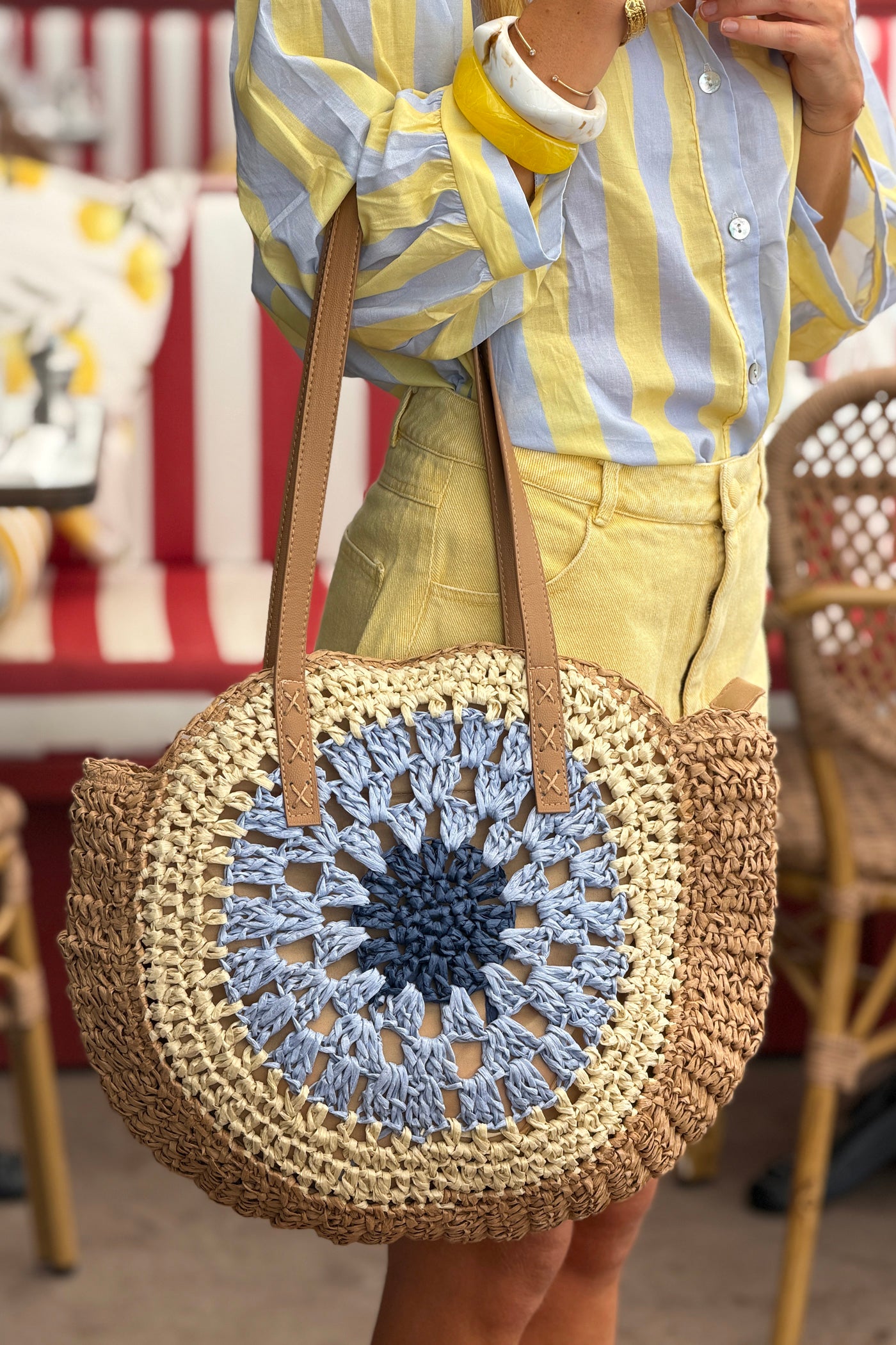 Blue Raffia Circular Beach Purse