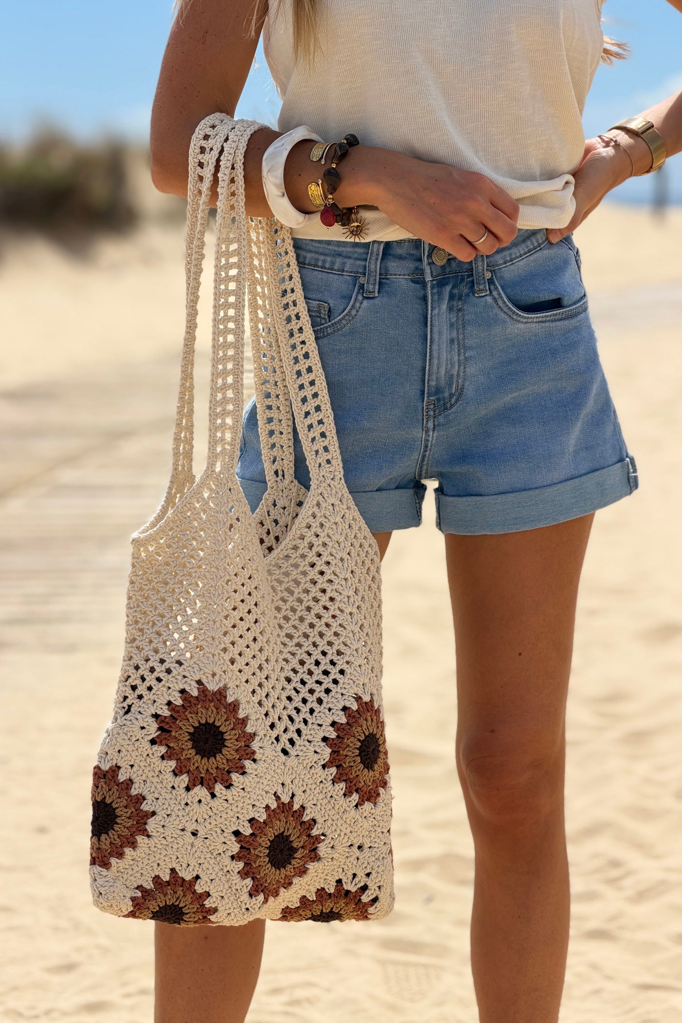 Cream Granny Square Crochet Tote