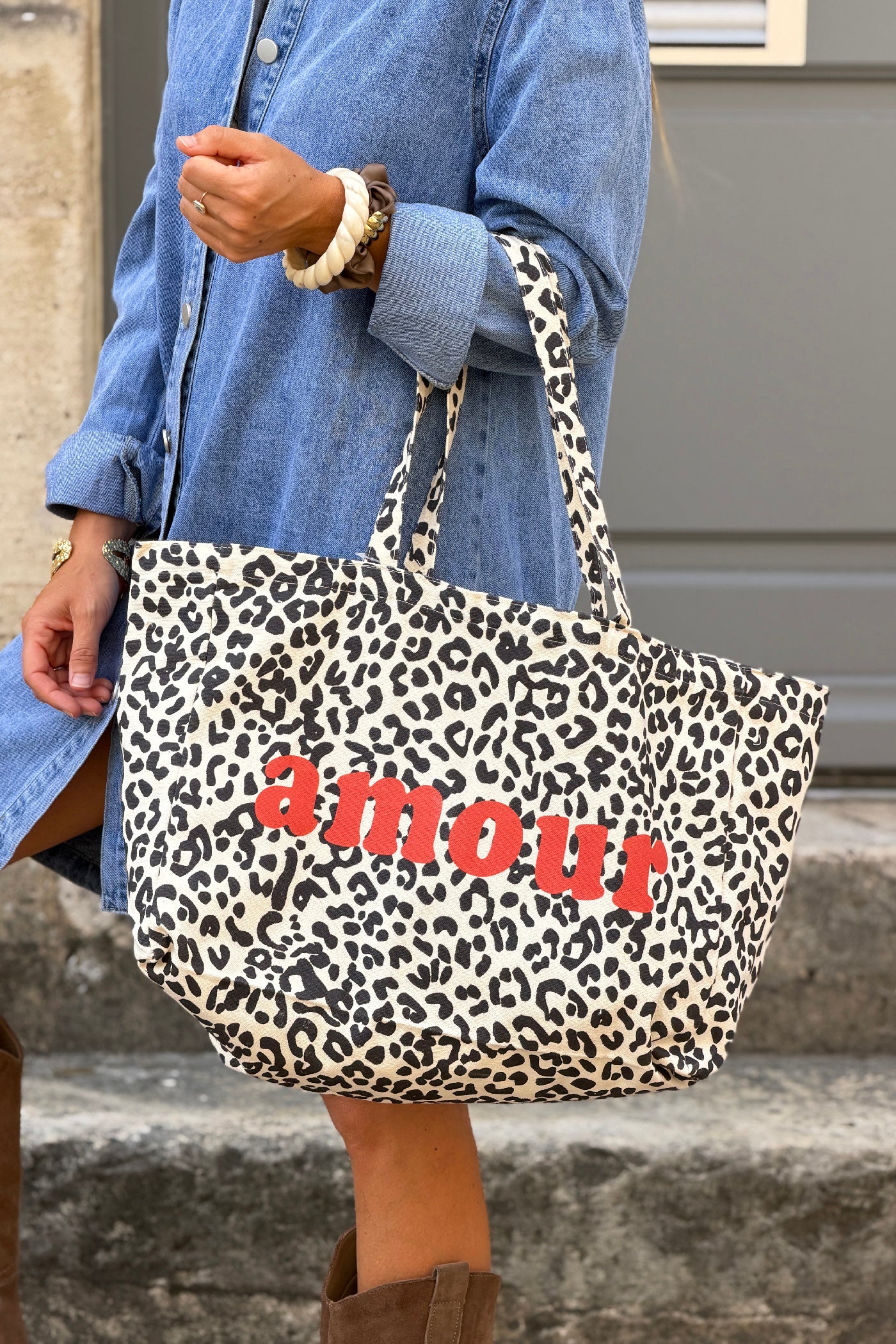 Sac tote bag beige imprimé léopard Amour terracotta