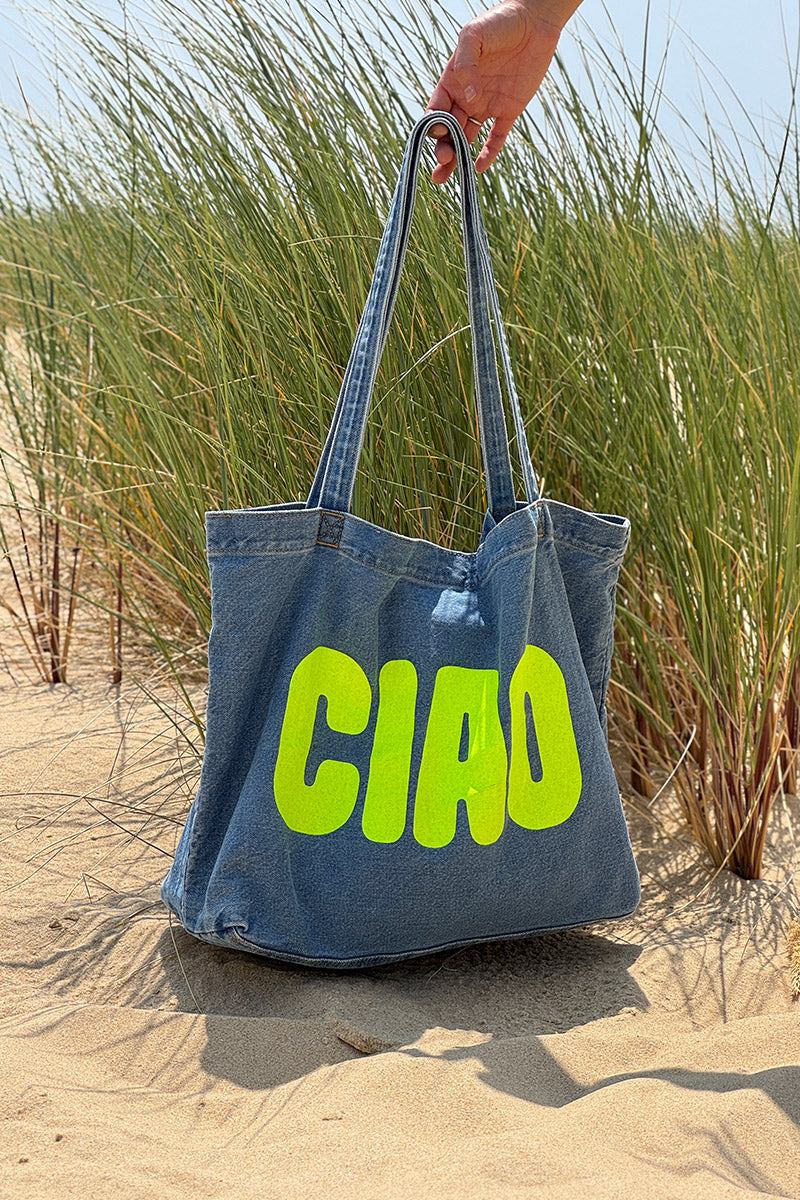 Sac tote bag fourre-tout en jean délavé CIAO jaune fluo