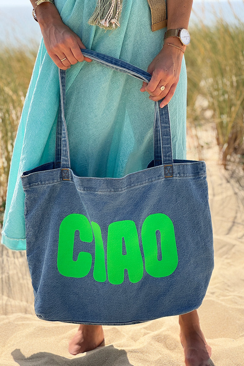 Sac tote bag fourre-tout en jean délavé CIAO vert