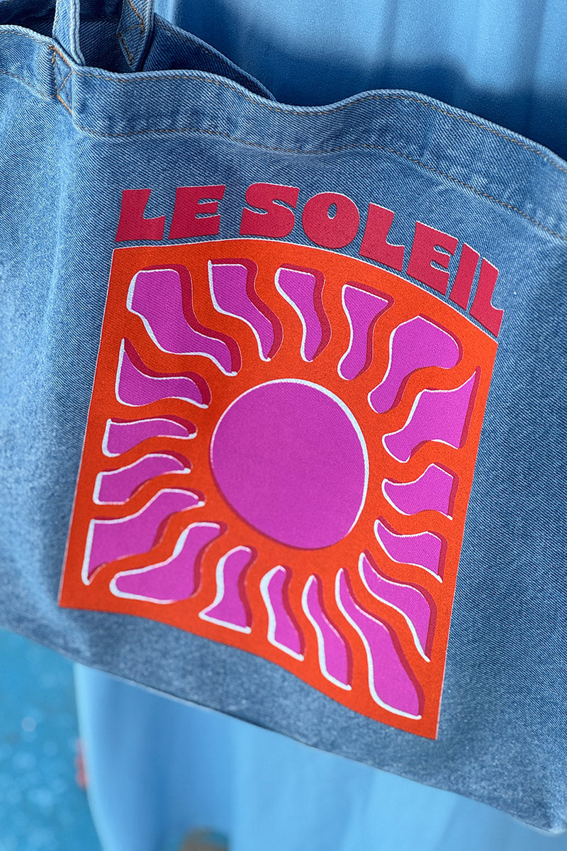 Sac tote bag fourre-tout en jean délavé Le Soleil fuchsia et orange