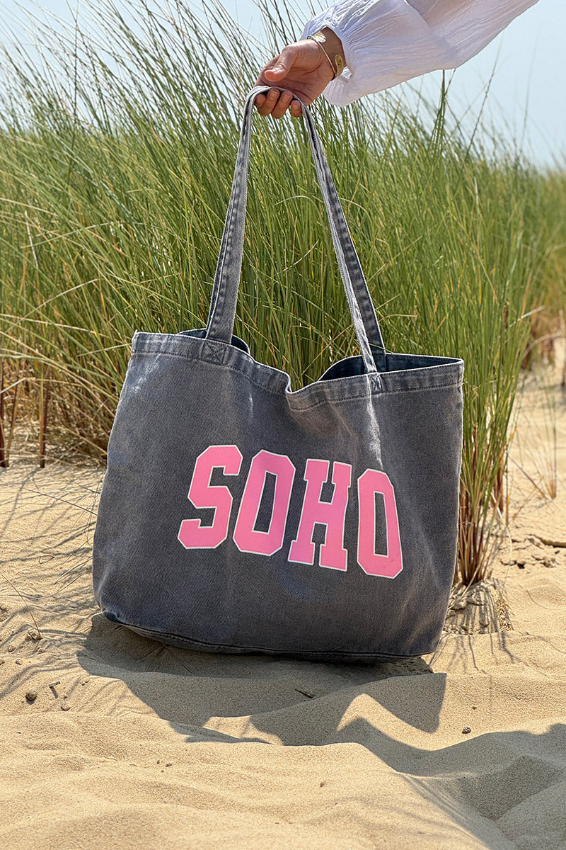 Sac tote bag fourre-tout en jean gris délavé SOHO rose