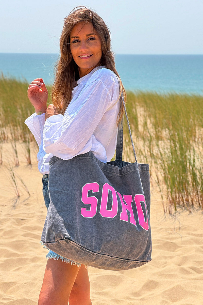 Sac tote bag fourre-tout en jean gris délavé SOHO rose