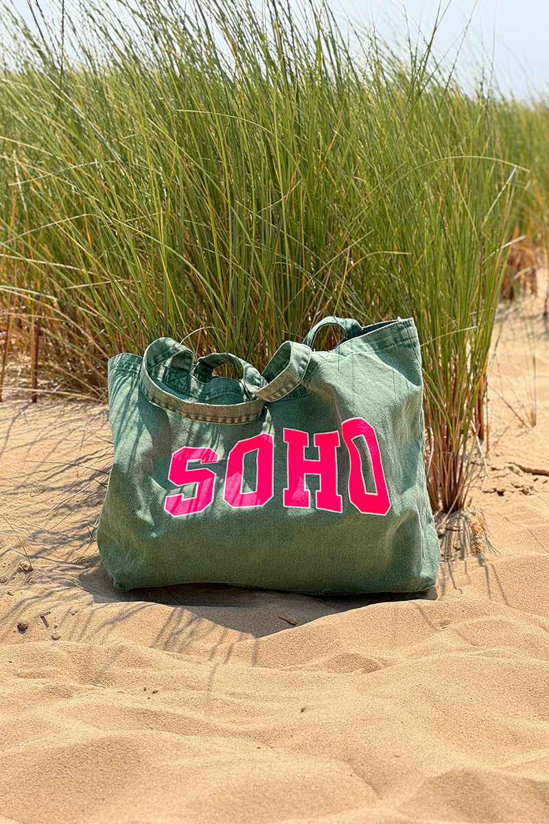 Sac tote bag fourre-tout en jean kaki délavé SOHO rose fluo