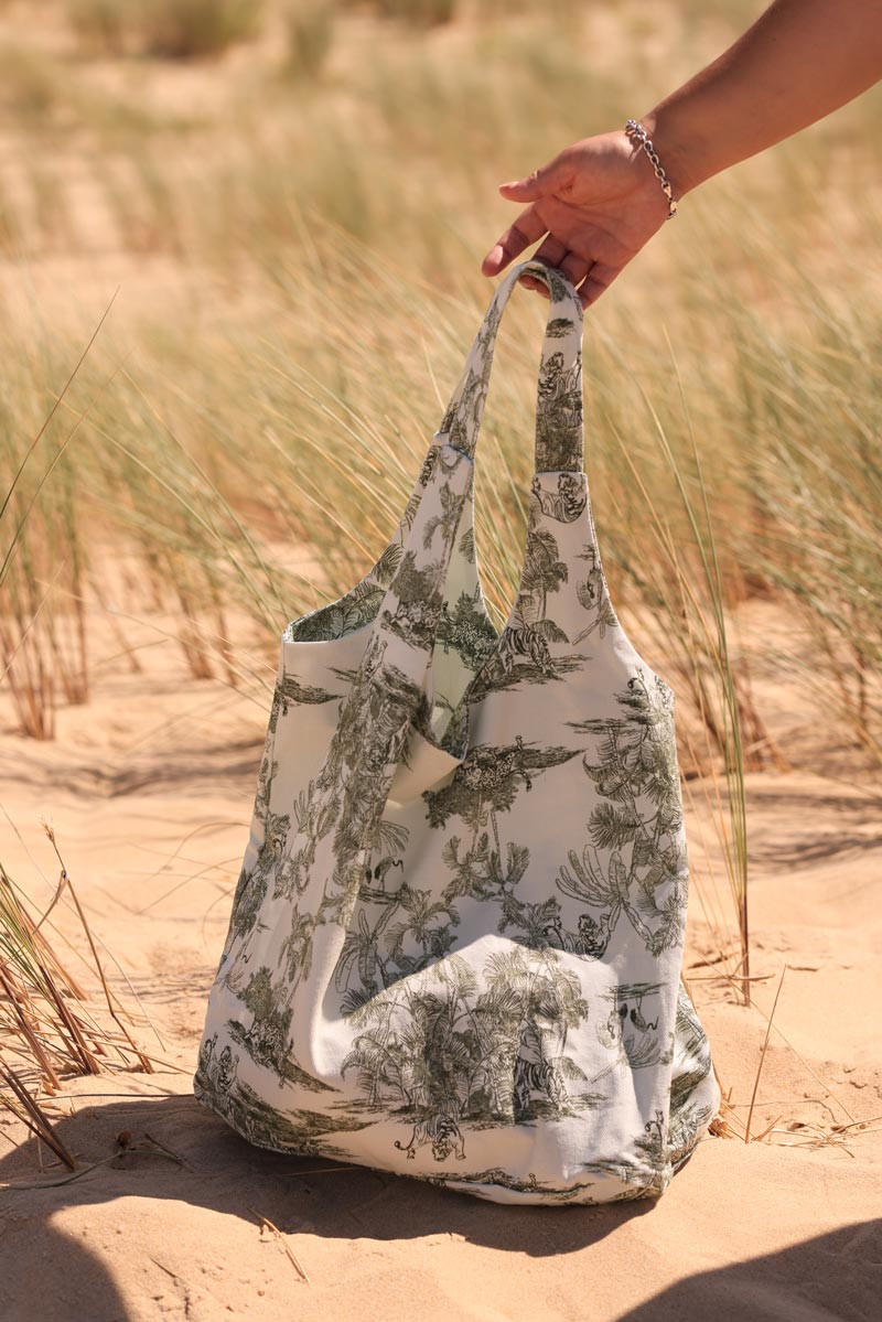 Cotton hobo tote bag with khaki toile de jouy print