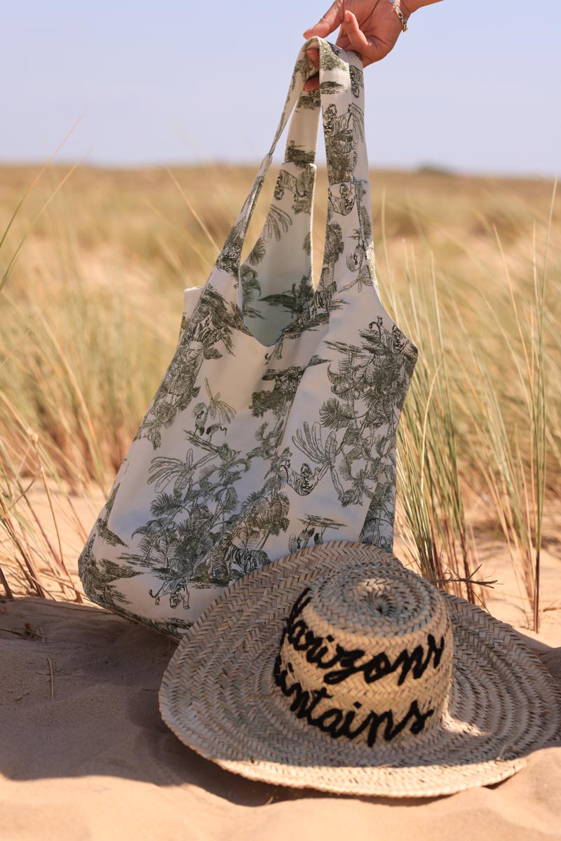 Cotton hobo tote bag with khaki toile de jouy print