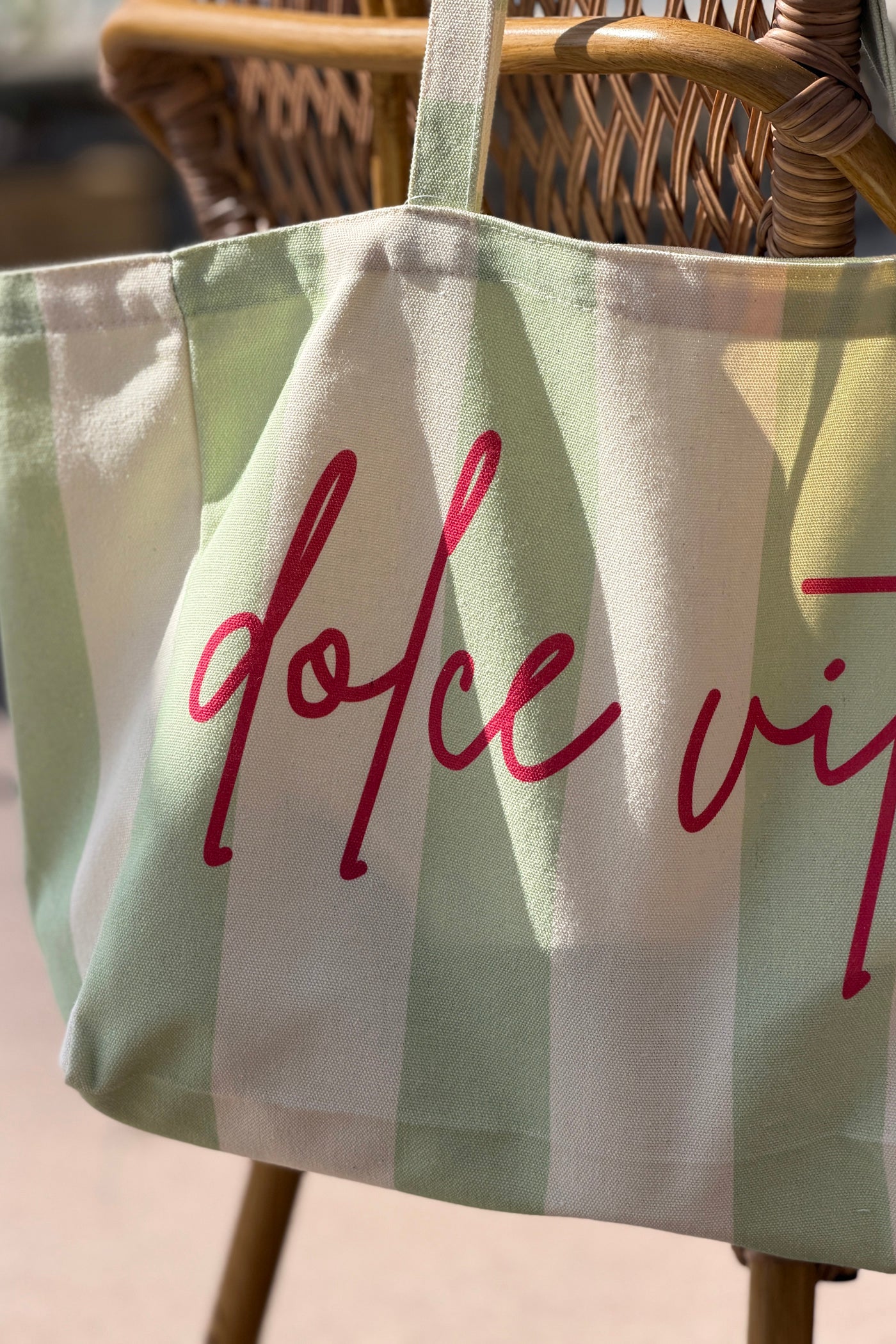 Sage Stripe “Dolce Vita” Canvas Tote Bag