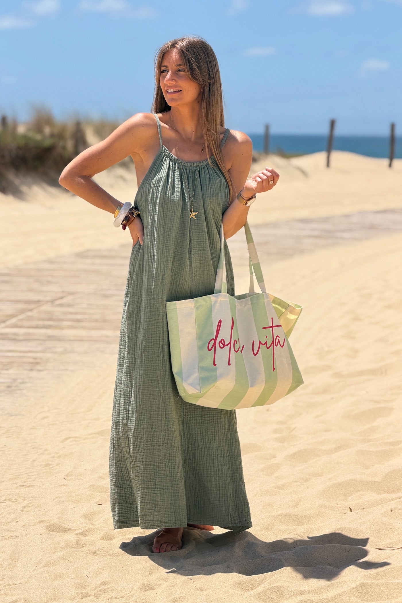 Sage Stripe “Dolce Vita” Canvas Tote Bag