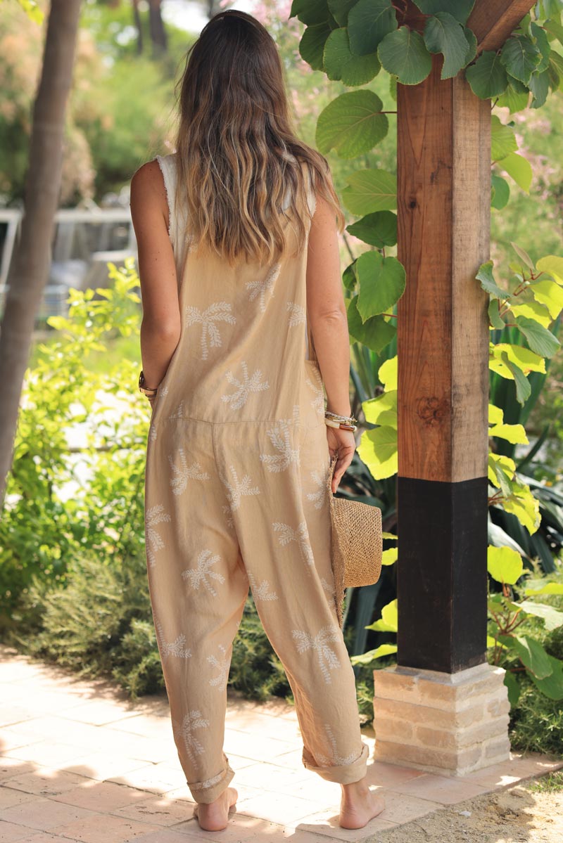 Camel floaty overalls with palm tree embroidery print