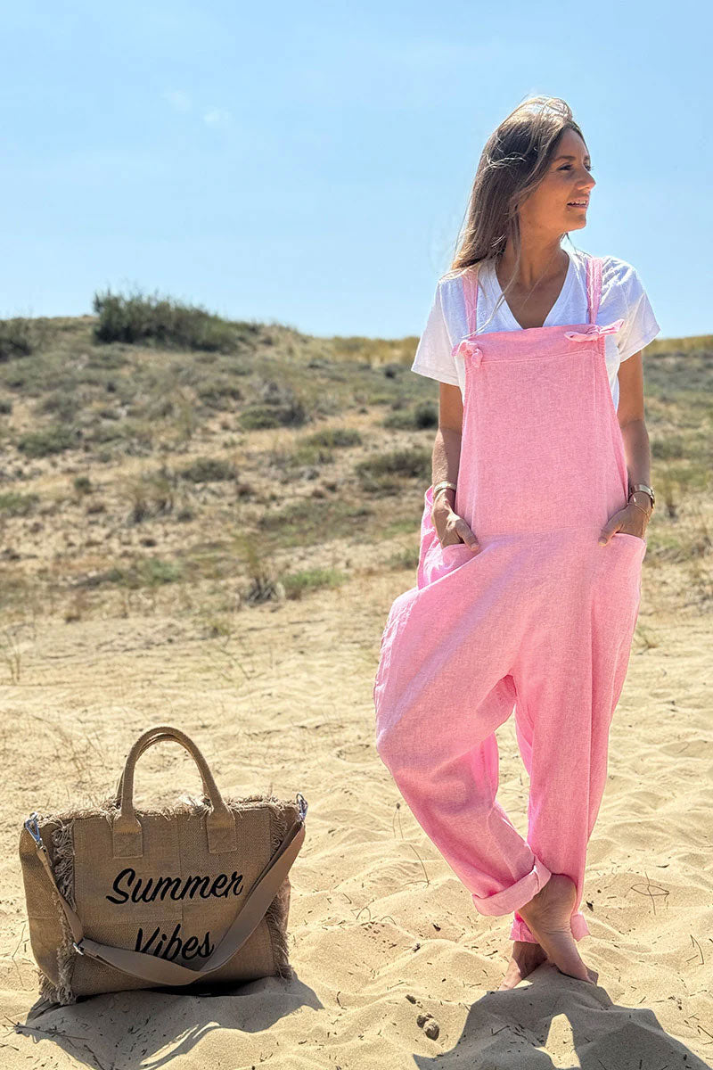 Light Pink Cotton and Linen Flowing Overalls