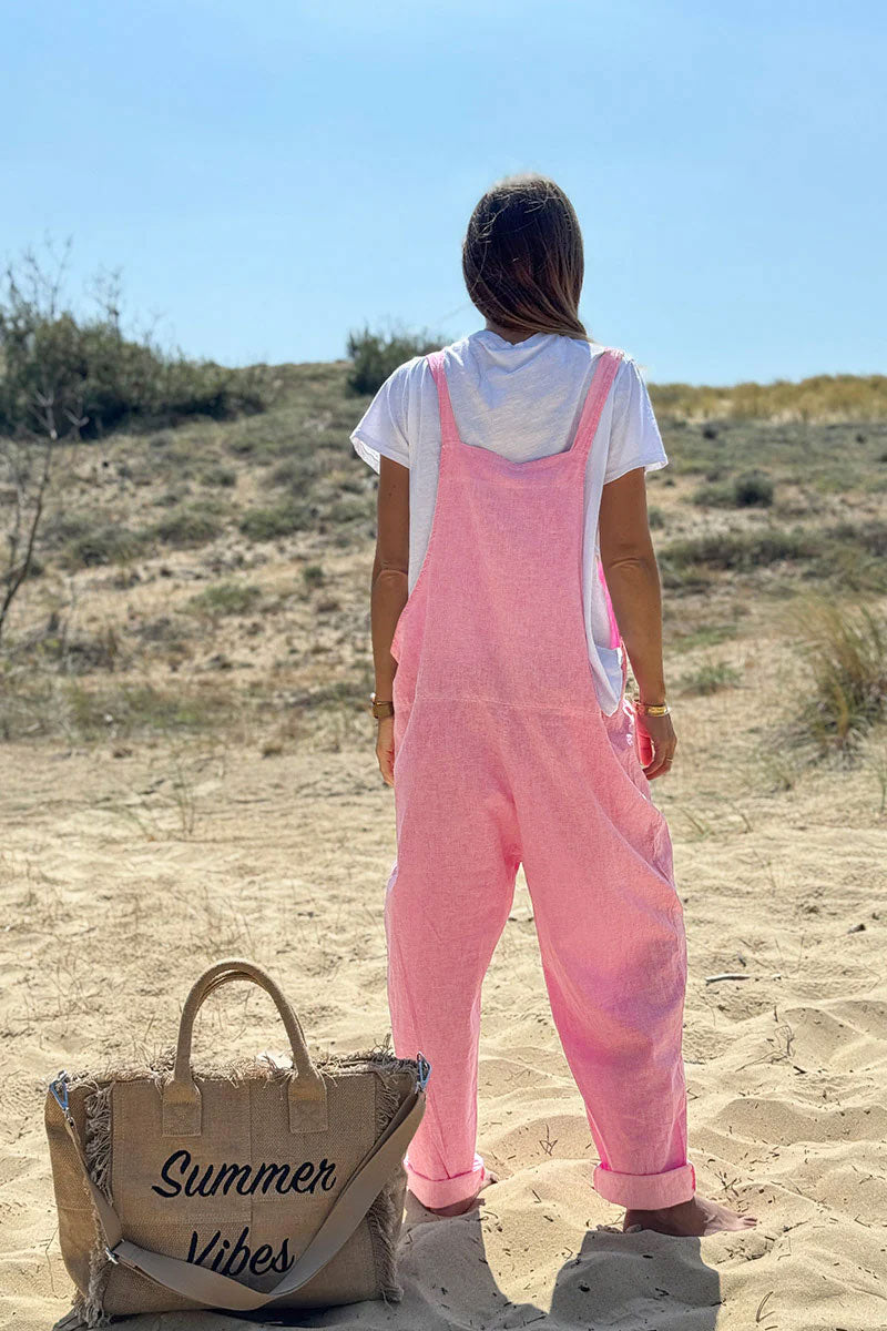 Light Pink Cotton and Linen Flowing Overalls