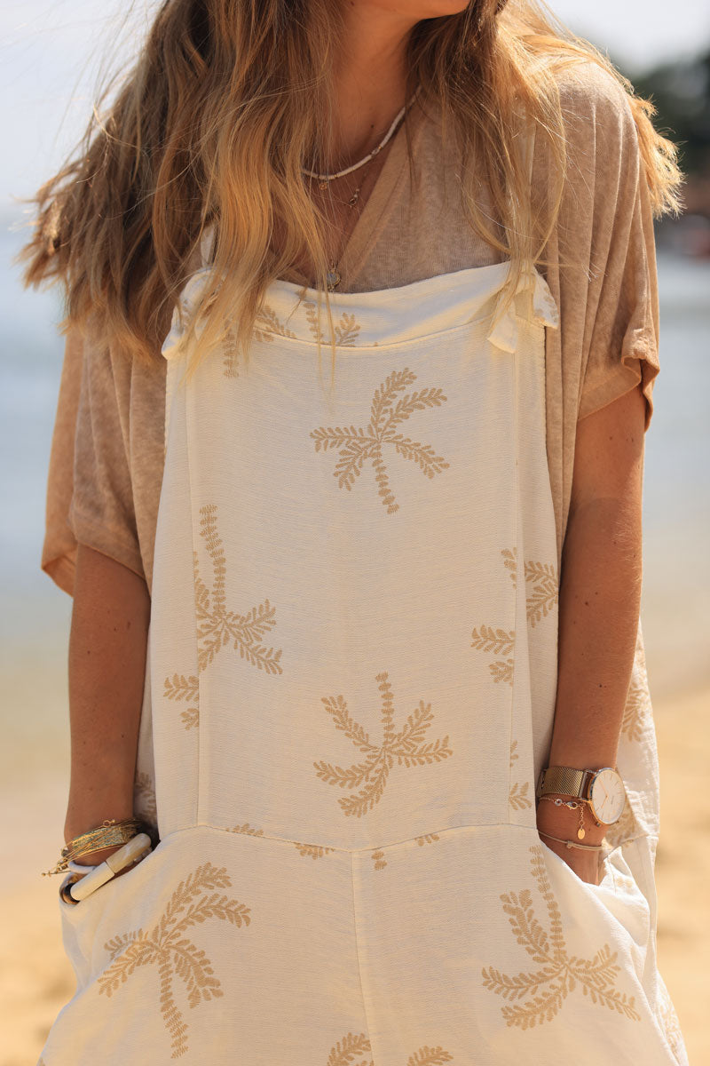 Ecru floaty overalls with palm tree embroidery print