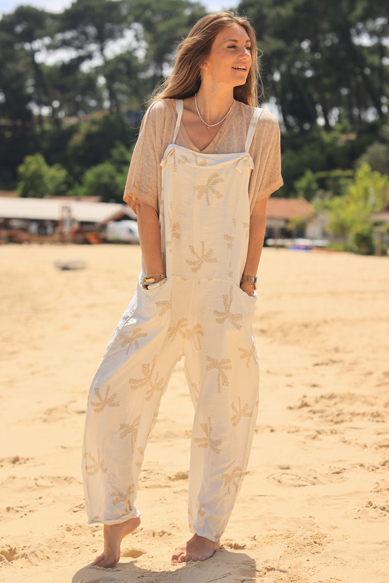 Ecru floaty overalls with palm tree embroidery print