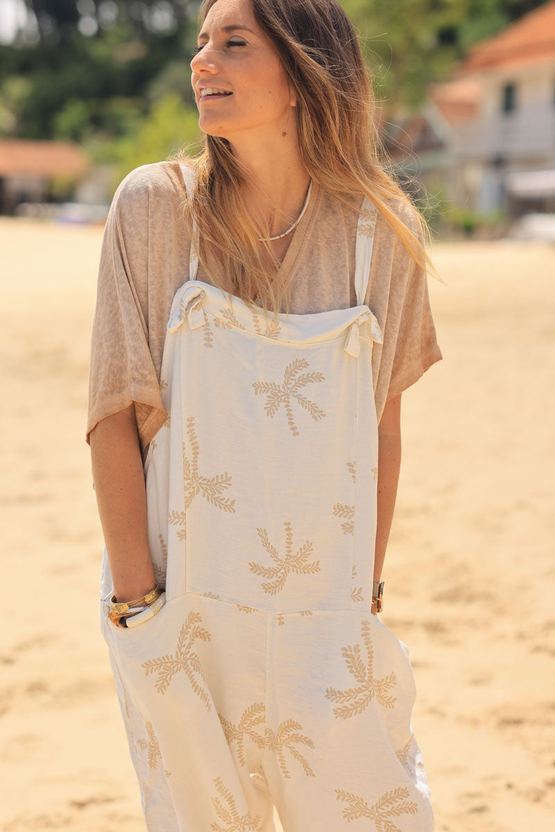 Ecru floaty overalls with palm tree embroidery print