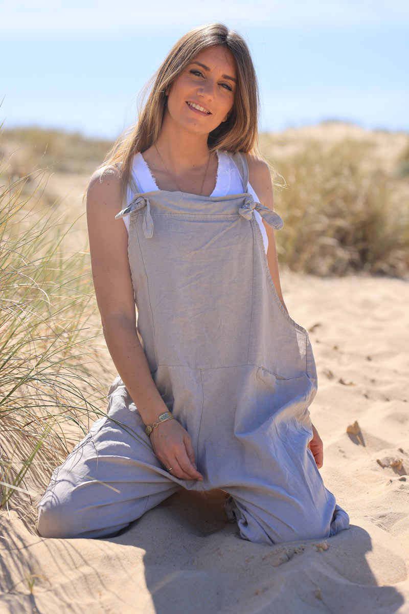 Beige cotton and linen flowing overalls