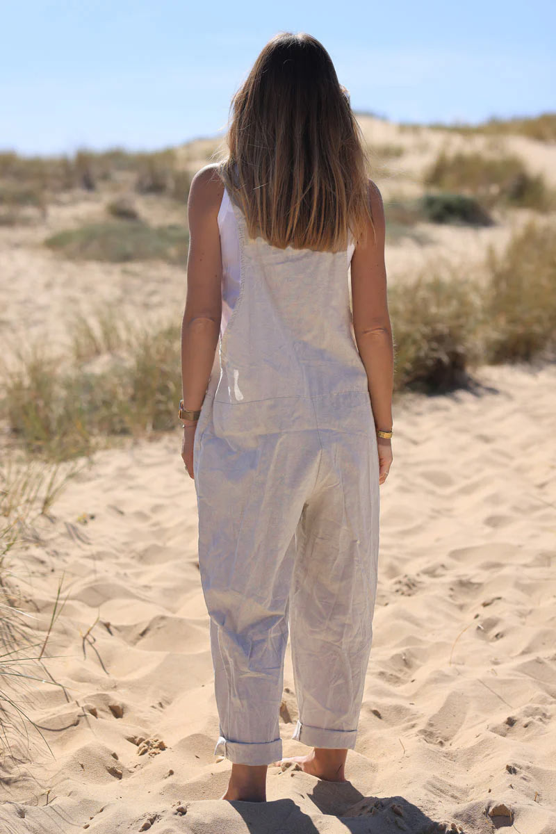 Beige cotton and linen flowing overalls