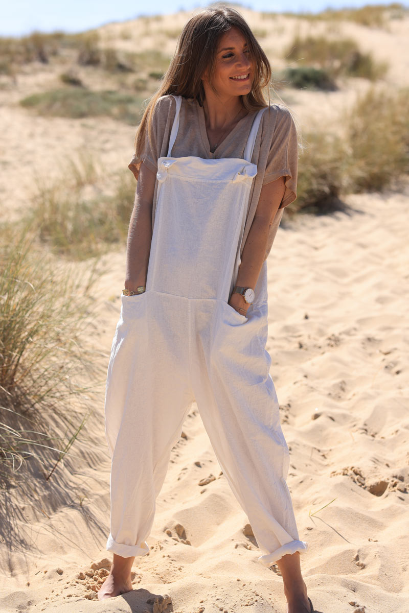 Off-white cotton and linen flowing overalls