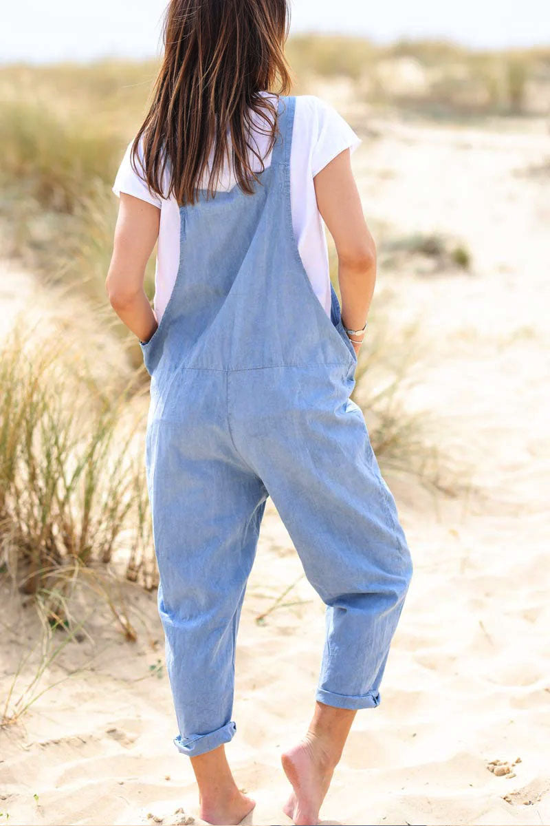 Sky blue cotton and linen flowing overalls