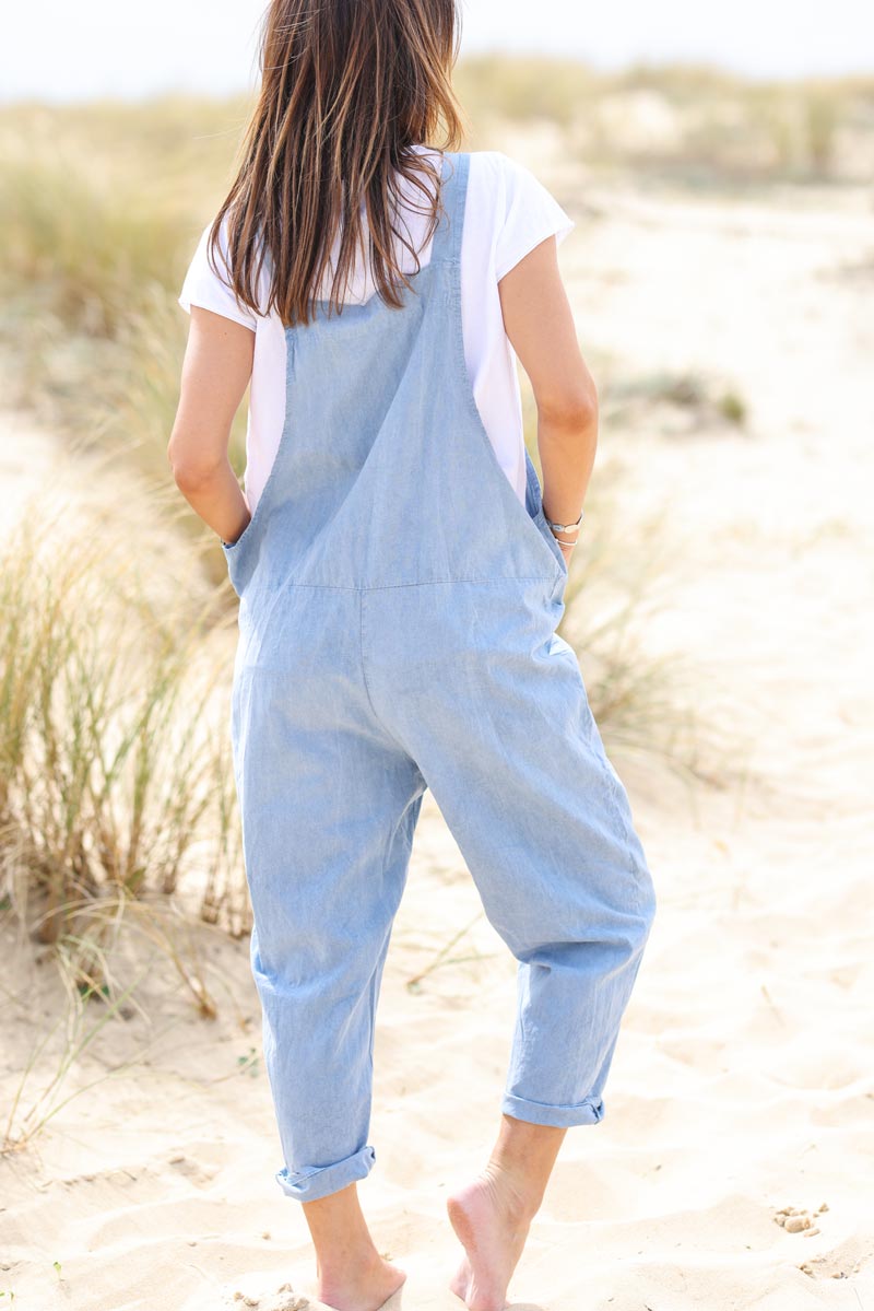 Sky blue cotton and linen flowing overalls