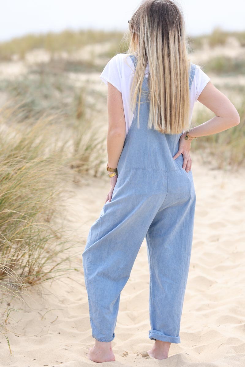 Sky blue cotton and linen flowing overalls