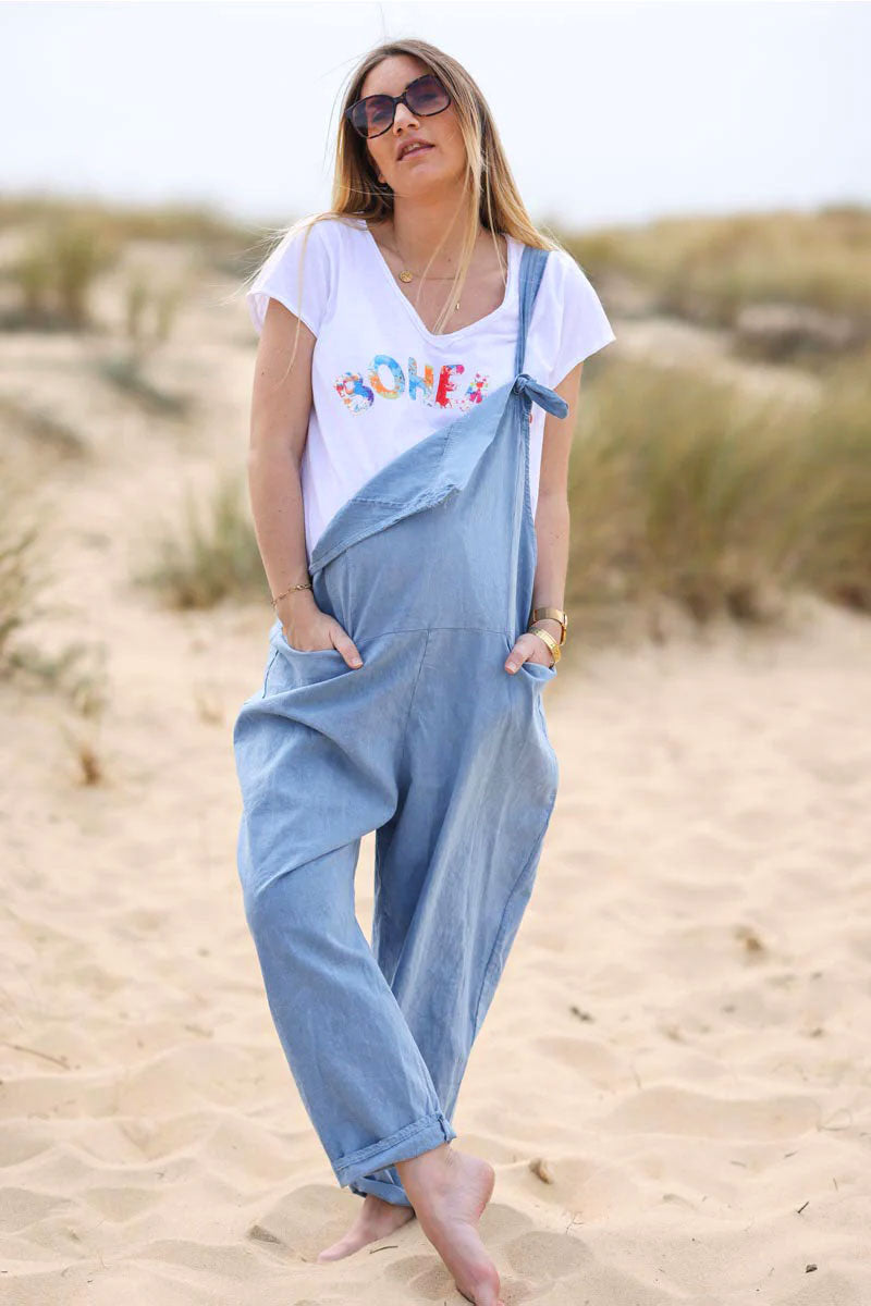 Blue jean cotton and linen flowing overalls