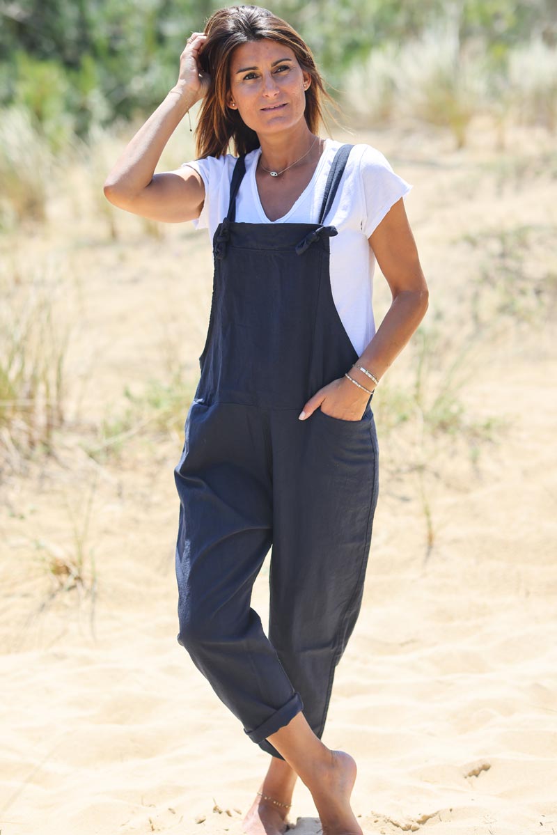 Navy blue cotton and linen flowing overalls