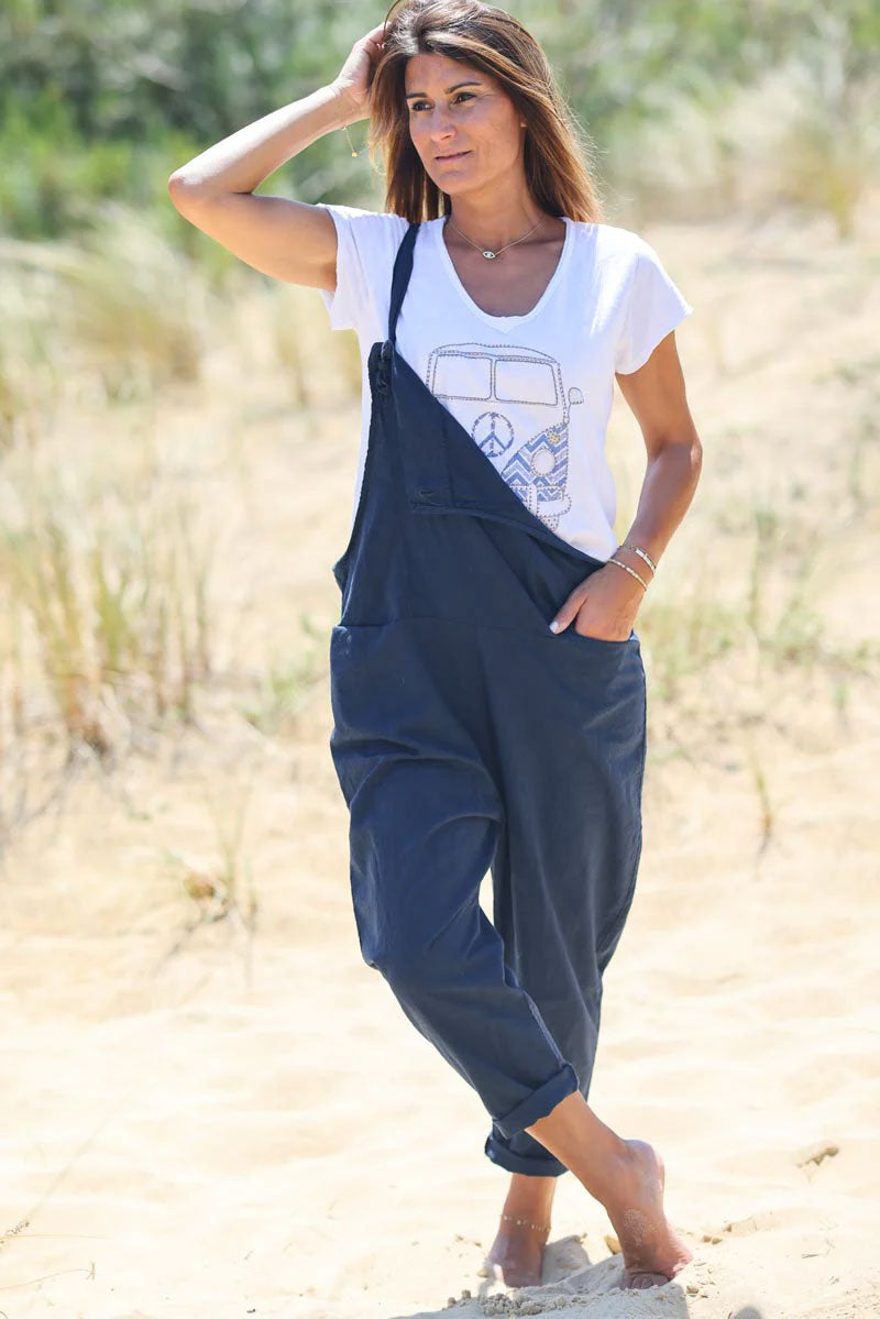 Navy blue cotton and linen flowing overalls