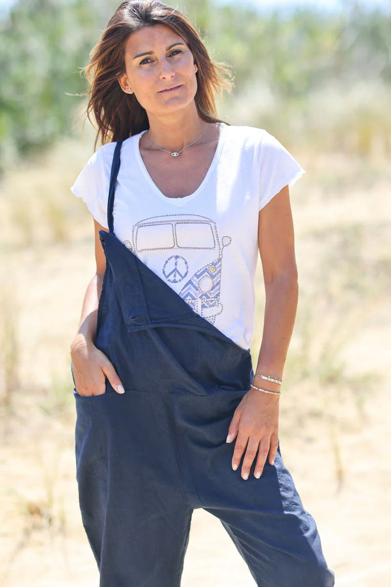 Navy blue cotton and linen flowing overalls