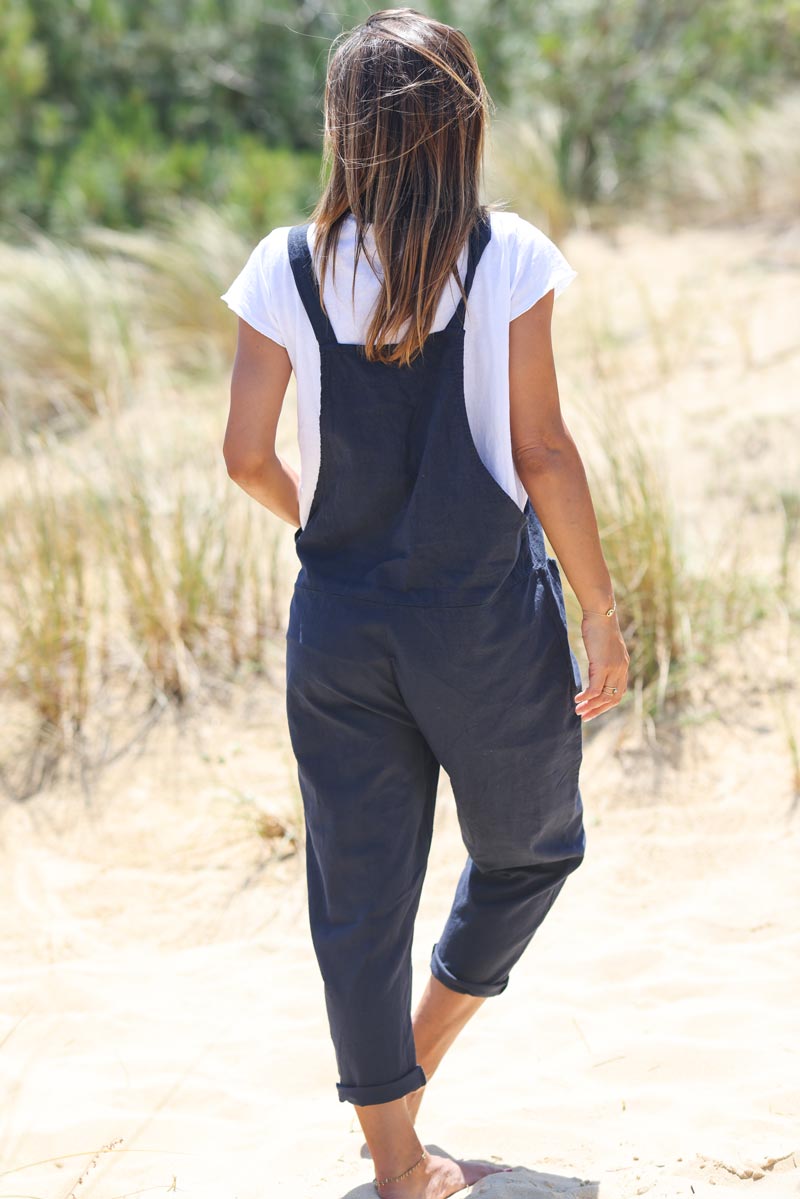 Navy blue cotton and linen flowing overalls