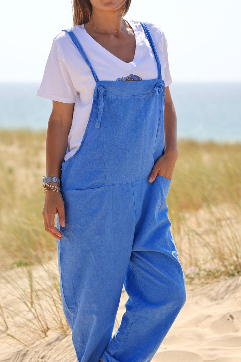 Royal blue cotton and linen flowing overalls