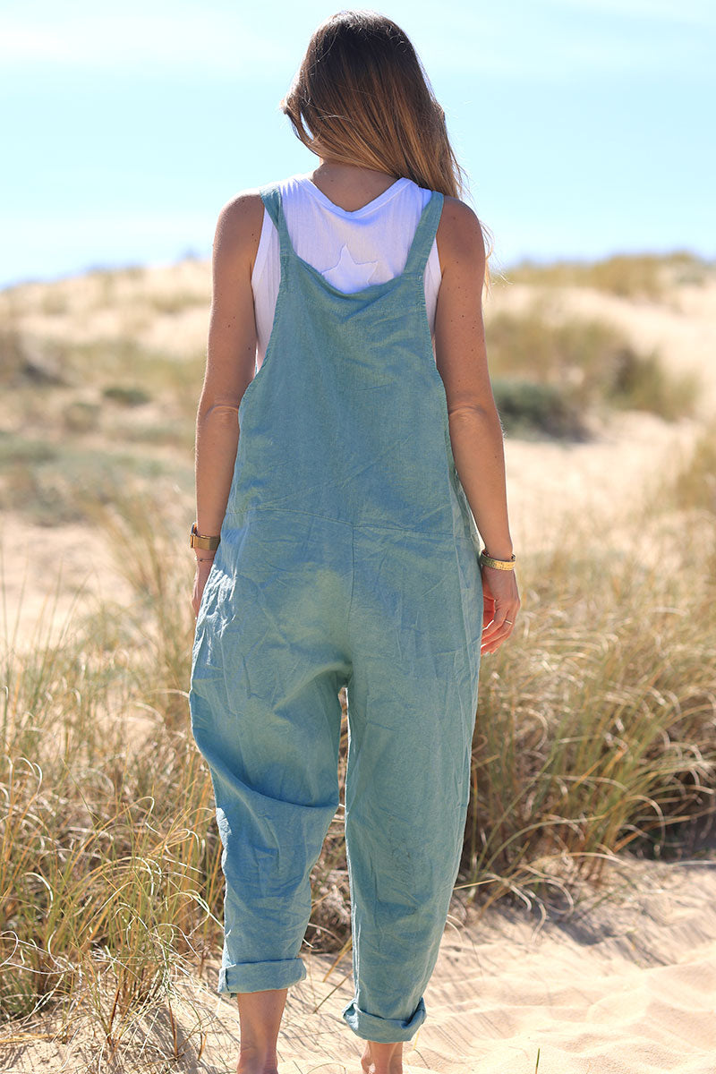 Celadon green cotton and linen flowing overalls