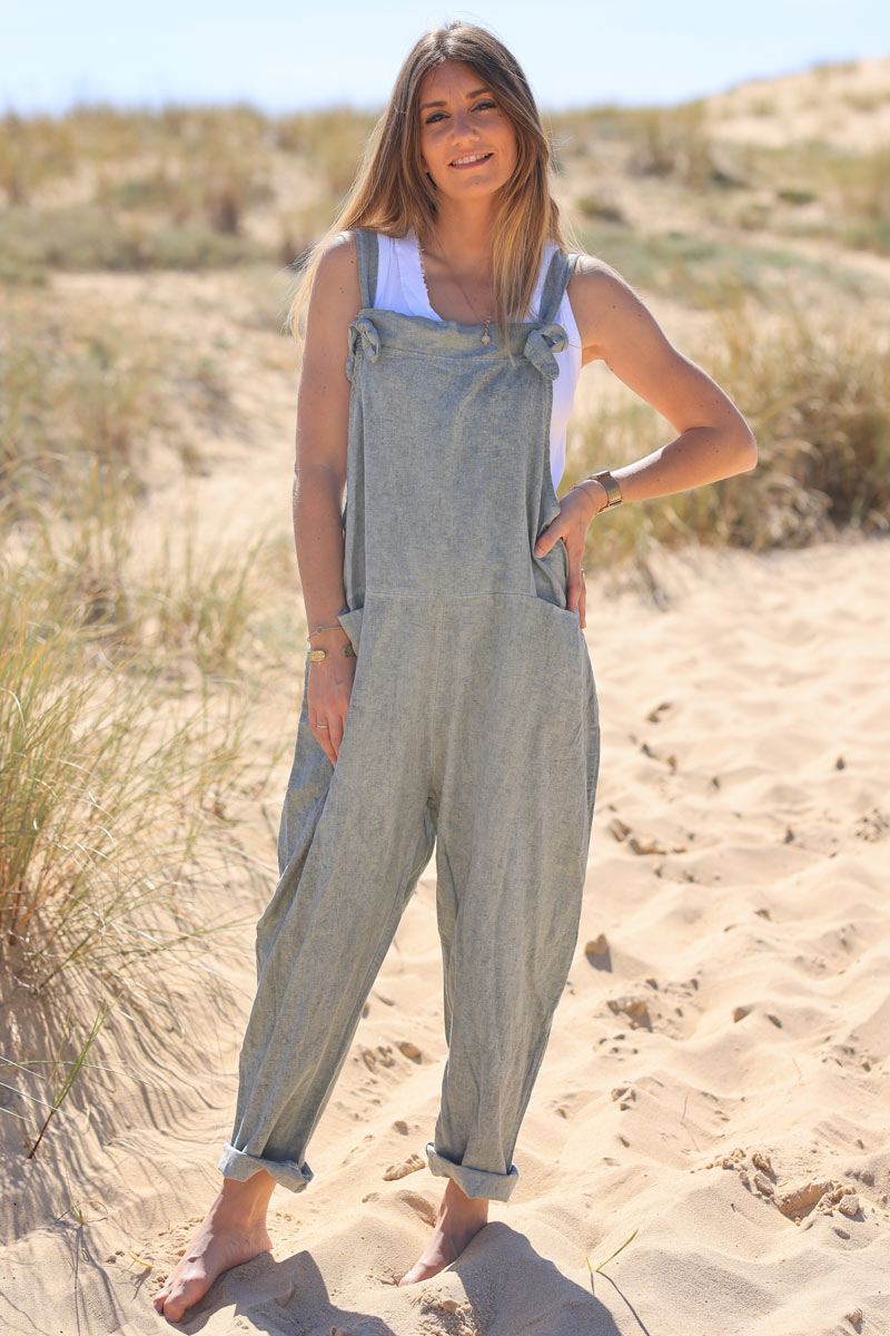 Khaki cotton and linen flowing overalls