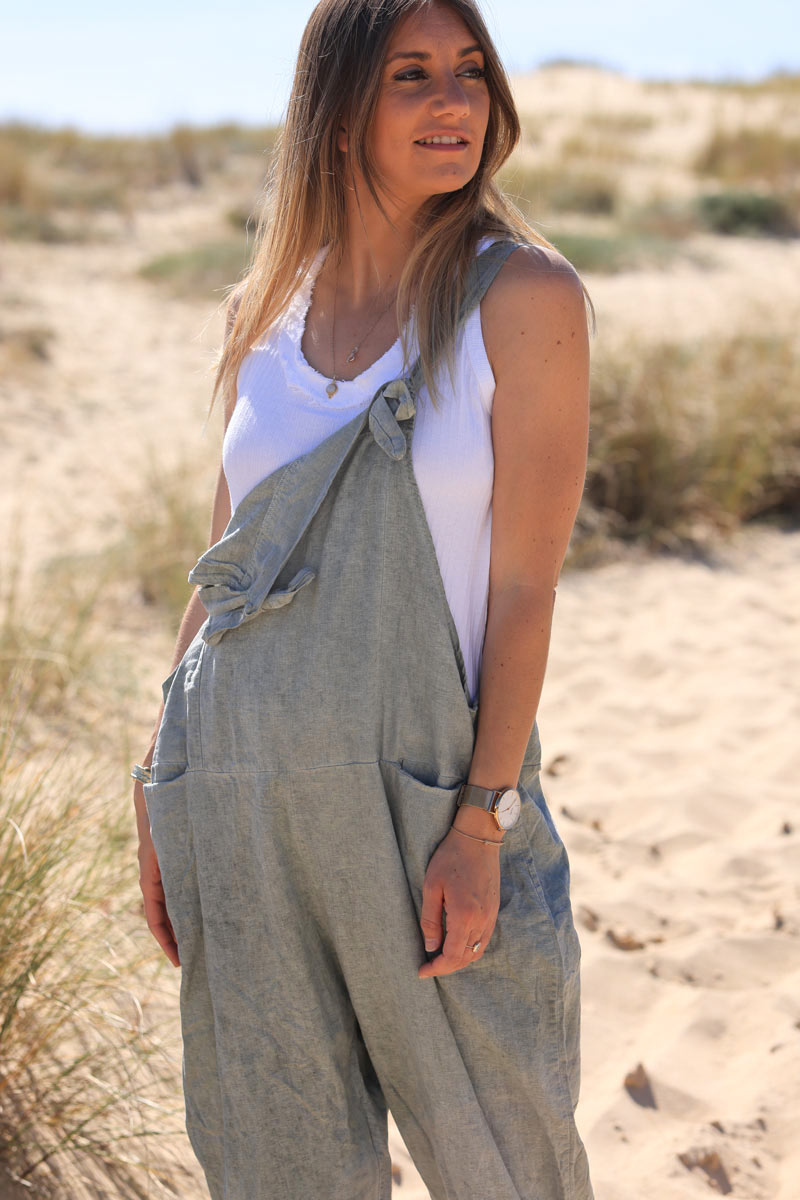 Khaki cotton and linen flowing overalls