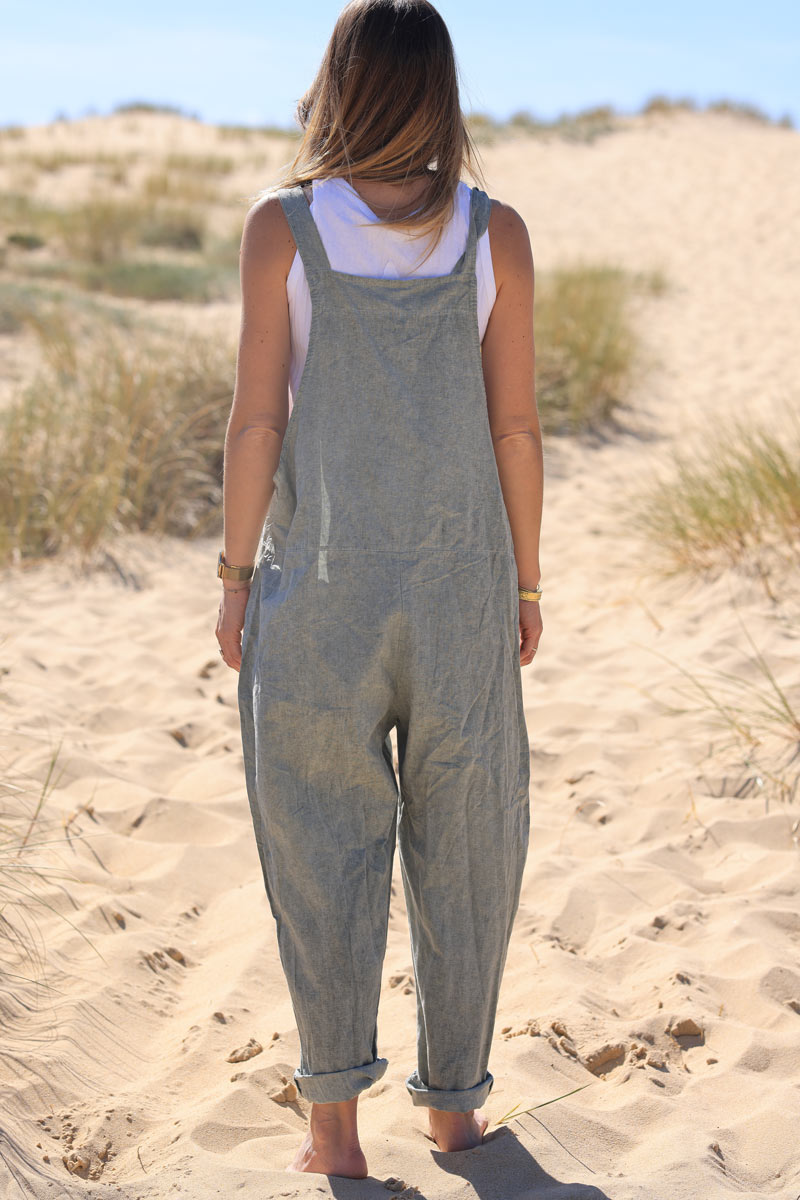 Khaki cotton and linen flowing overalls