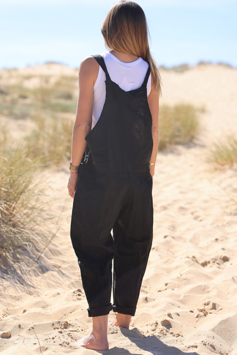 Black cotton and linen flowing overalls