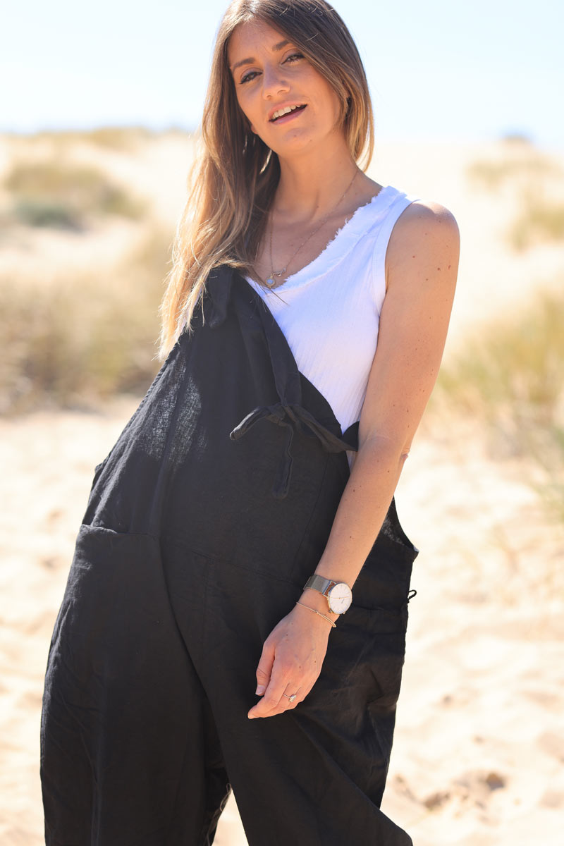 Black cotton and linen flowing overalls